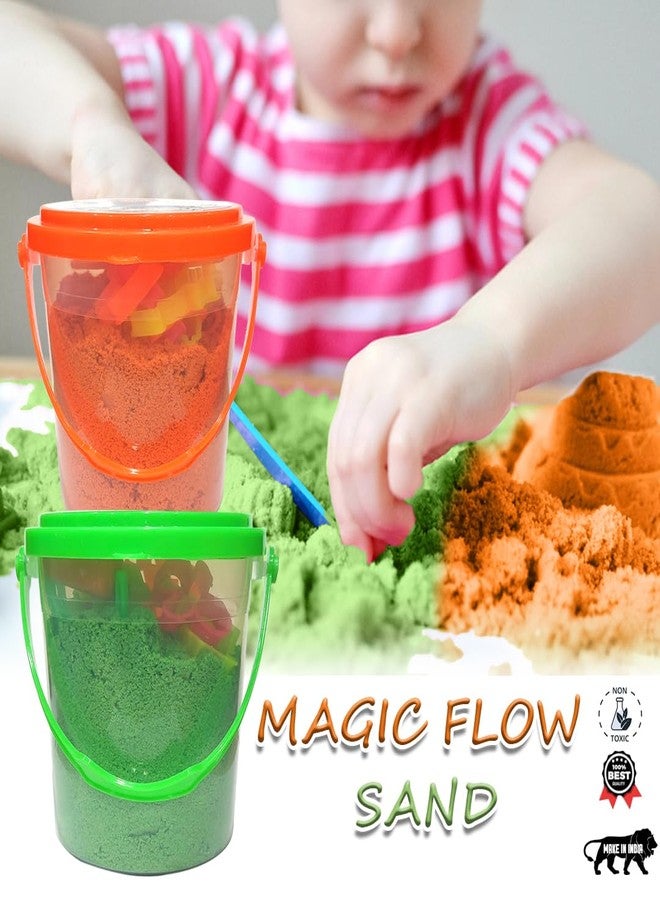 Rabbit Magic Flow 1KG Play Sand Bucket for Kids - Includes 20 Fun Moulds, Roller & Cutter | Soft, Mess-Free Sand for Creative Play & Sensory Fun | Age 5+ (Orange-Green) - Image 3